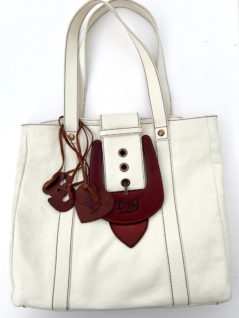 D&G Dolce & Gabbana White Leather Buckle Tote Bag